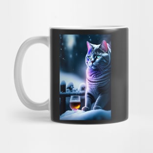 Enchanted Evening: Mystical British Shorthair Relaxes with a Drink on a Snowy Night Mug